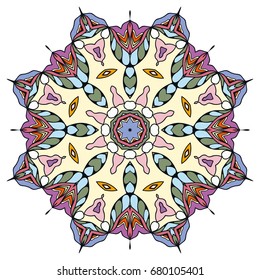 Mandala flower decoration, doodle round ornament, isolated design element on a white background. Vector geometric floral pattern. Tribal ethnic arabic, indian, turkish motif. Colorful abstract art