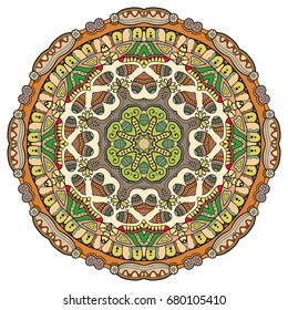 Mandala flower decoration, doodle round ornament, isolated design element on a white background. Vector geometric floral pattern. Tribal ethnic arabic, indian, turkish motif. Colorful abstract art