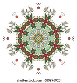 Mandala flower decoration, doodle round ornament, isolated design element on a white background. Vector geometric floral pattern. Tribal ethnic arabic, indian, turkish motif. Colorful abstract art