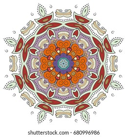 Mandala flower decoration, doodle round ornament, isolated design element on a white background. Vector geometric floral pattern. Tribal ethnic arabic, indian, turkish motif. Colorful abstract art