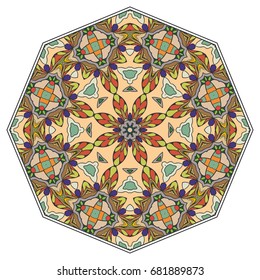 Mandala flower decoration, doodle round ornament, isolated design element on a white background. Vector geometric floral pattern. Tribal ethnic arabic, indian, turkish motif. Colorful abstract art