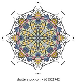 Mandala flower decoration, doodle round ornament, isolated design element on a white background. Vector geometric floral pattern. Tribal ethnic arabic, indian, turkish motif. Colorful abstract art