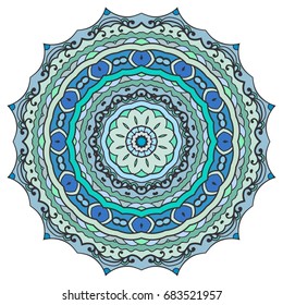 Mandala flower decoration, doodle round ornament, isolated design element on a white background. Vector geometric floral pattern. Tribal ethnic arabic, indian, turkish motif. Colorful abstract art