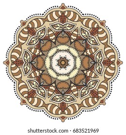 Mandala flower decoration, doodle round ornament, isolated design element on a white background. Vector geometric floral pattern. Tribal ethnic arabic, indian, turkish motif. Colorful abstract art