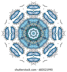 Mandala flower decoration, doodle round ornament, isolated design element on a white background. Vector geometric floral pattern. Tribal ethnic arabic, indian, turkish motif. Colorful abstract art