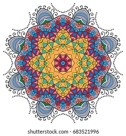 Mandala flower decoration, doodle round ornament, isolated design element on a white background. Vector geometric floral pattern. Tribal ethnic arabic, indian, turkish motif. Colorful abstract art