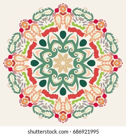 Mandala flower decoration, doodle round ornament, isolated design element on a white background. Vector geometric floral pattern. Tribal ethnic arabic, indian, turkish motif. Colorful abstract art