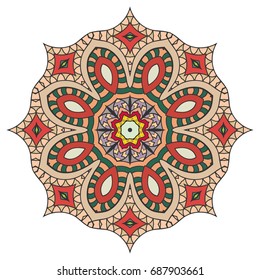 Mandala flower decoration, doodle round ornament, isolated design element on a white background. Vector geometric floral pattern. Tribal ethnic arabic, indian, turkish motif. Colorful abstract art