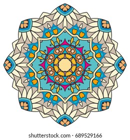 Mandala flower decoration, doodle round ornament, isolated design element on a white background. Vector geometric floral pattern. Tribal ethnic arabic, indian, turkish motif. Colorful abstract art