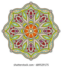 Mandala flower decoration, doodle round ornament, isolated design element on a white background. Vector geometric floral pattern. Tribal ethnic arabic, indian, turkish motif. Colorful abstract art