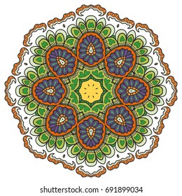 Mandala flower decoration, doodle round ornament, isolated design element on a white background. Vector geometric floral pattern. Tribal ethnic arabic, indian, turkish motif. Colorful abstract art