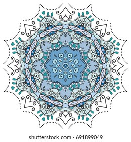 Mandala flower decoration, doodle round ornament, isolated design element on a white background. Vector geometric floral pattern. Tribal ethnic arabic, indian, turkish motif. Colorful abstract art