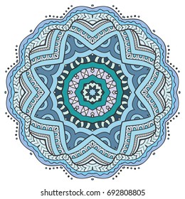 Mandala flower decoration, doodle round ornament, isolated design element on a white background. Vector geometric floral pattern. Tribal ethnic arabic, indian, turkish motif. Colorful abstract art