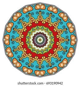 Mandala flower decoration, doodle round ornament, isolated design element on a white background. Vector geometric floral pattern. Tribal ethnic arabic, indian, turkish motif. Colorful abstract art