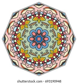 Mandala flower decoration, doodle round ornament, isolated design element on a white background. Vector geometric floral pattern. Tribal ethnic arabic, indian, turkish motif. Colorful abstract art