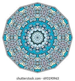Mandala flower decoration, doodle round ornament, isolated design element on a white background. Vector geometric floral pattern. Tribal ethnic arabic, indian, turkish motif. Colorful abstract art