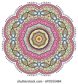 Mandala flower decoration, doodle round ornament, isolated design element on a white background. Vector geometric floral pattern. Tribal ethnic arabic, indian, turkish motif. Colorful abstract art