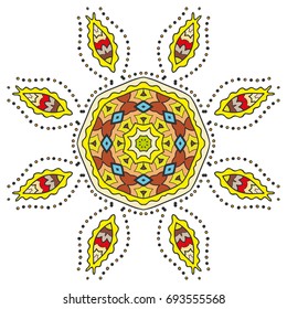 Mandala flower decoration, doodle round ornament, isolated design element on a white background. Vector geometric floral pattern. Tribal ethnic arabic, indian, turkish motif. Colorful abstract art