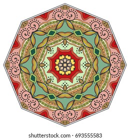 Mandala flower decoration, doodle round ornament, isolated design element on a white background. Vector geometric floral pattern. Tribal ethnic arabic, indian, turkish motif. Colorful abstract art