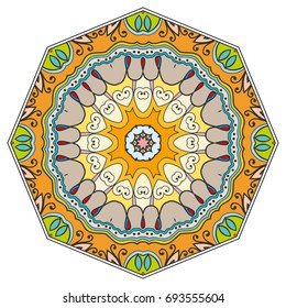 Mandala flower decoration, doodle round ornament, isolated design element on a white background. Vector geometric floral pattern. Tribal ethnic arabic, indian, turkish motif. Colorful abstract art