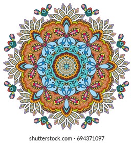 Mandala flower decoration, doodle round ornament, isolated design element on a white background. Vector geometric floral pattern. Tribal ethnic arabic, indian, turkish motif. Colorful abstract art