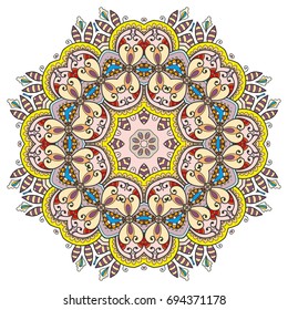 Mandala flower decoration, doodle round ornament, isolated design element on a white background. Vector geometric floral pattern. Tribal ethnic arabic, indian, turkish motif. Colorful abstract art