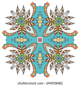 Mandala flower decoration, doodle round ornament, isolated design element on a white background. Vector geometric floral pattern. Tribal ethnic arabic, indian, turkish motif. Colorful abstract art