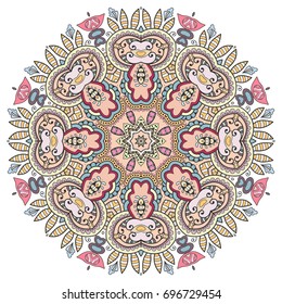 Mandala flower decoration, doodle round ornament, isolated design element on a white background. Vector geometric floral pattern. Tribal ethnic arabic, indian, turkish motif. Colorful abstract art