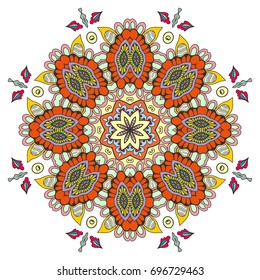 Mandala flower decoration, doodle round ornament, isolated design element on a white background. Vector geometric floral pattern. Tribal ethnic arabic, indian, turkish motif. Colorful abstract art