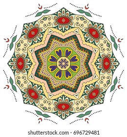 Mandala flower decoration, doodle round ornament, isolated design element on a white background. Vector geometric floral pattern. Tribal ethnic arabic, indian, turkish motif. Colorful abstract art