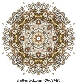 Mandala flower decoration, doodle round ornament, isolated design element on a white background. Vector geometric floral pattern. Tribal ethnic arabic, indian, turkish motif. Colorful abstract art