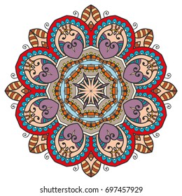 Mandala flower decoration, doodle round ornament, isolated design element on a white background. Vector geometric floral pattern. Tribal ethnic arabic, indian, turkish motif. Colorful abstract art