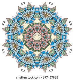 Mandala flower decoration, doodle round ornament, isolated design element on a white background. Vector geometric floral pattern. Tribal ethnic arabic, indian, turkish motif. Colorful abstract art