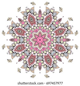 Mandala flower decoration, doodle round ornament, isolated design element on a white background. Vector geometric floral pattern. Tribal ethnic arabic, indian, turkish motif. Colorful abstract art