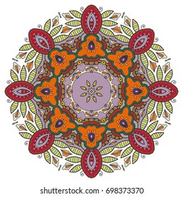 Mandala flower decoration, doodle round ornament, isolated design element on a white background. Vector geometric floral pattern. Tribal ethnic arabic, indian, turkish motif. Colorful abstract art