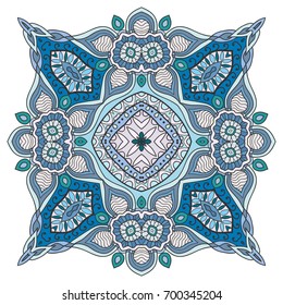 Mandala flower decoration, doodle round ornament, isolated design element on a white background. Vector geometric floral pattern. Tribal ethnic arabic, indian, turkish motif. Colorful abstract art