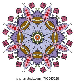 Mandala flower decoration, doodle round ornament, isolated design element on a white background. Vector geometric floral pattern. Tribal ethnic arabic, indian, turkish motif. Colorful abstract art