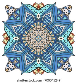 Mandala flower decoration, doodle round ornament, isolated design element on a white background. Vector geometric floral pattern. Tribal ethnic arabic, indian, turkish motif. Colorful abstract art