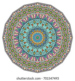 Mandala flower decoration, doodle round ornament, isolated design element on a white background. Vector geometric floral pattern. Tribal ethnic arabic, indian, turkish motif. Colorful abstract art