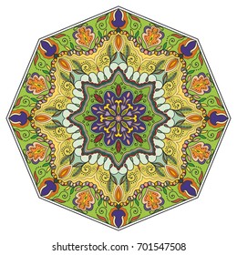 Mandala flower decoration, doodle round ornament, isolated design element on a white background. Vector geometric floral pattern. Tribal ethnic arabic, indian, turkish motif. Colorful abstract art