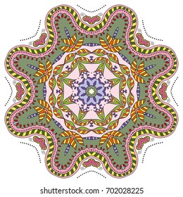 Mandala flower decoration, doodle round ornament, isolated design element on a white background. Vector geometric floral pattern. Tribal ethnic arabic, indian, turkish motif. Colorful abstract art