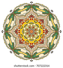 Mandala flower decoration, doodle round ornament, isolated design element on a white background. Vector geometric floral pattern. Tribal ethnic arabic, indian, turkish motif. Colorful abstract art