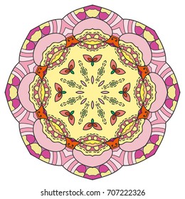 Mandala flower decoration, doodle round ornament, isolated design element on a white background. Vector geometric floral pattern. Tribal ethnic arabic, indian, turkish motif. Colorful abstract art