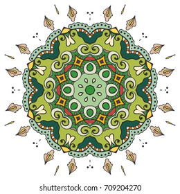 Mandala flower decoration, doodle round ornament, isolated design element on a white background. Vector geometric floral pattern. Tribal ethnic arabic, indian, turkish motif. Colorful abstract art