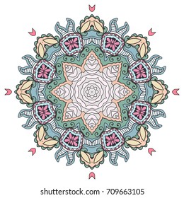 Mandala flower decoration, doodle round ornament, isolated design element on a white background. Vector geometric floral pattern. Tribal ethnic arabic, indian, turkish motif. Colorful abstract art