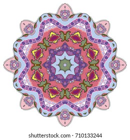 Mandala flower decoration, doodle round ornament, isolated design element on a white background. Vector geometric floral pattern. Tribal ethnic arabic, indian, turkish motif. Colorful abstract art