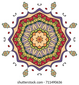 Mandala flower decoration, doodle round ornament, isolated design element on a white background. Vector geometric floral pattern. Tribal ethnic arabic, indian, turkish motif. Colorful abstract art