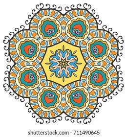 Mandala flower decoration, doodle round ornament, isolated design element on a white background. Vector geometric floral pattern. Tribal ethnic arabic, indian, turkish motif. Colorful abstract art