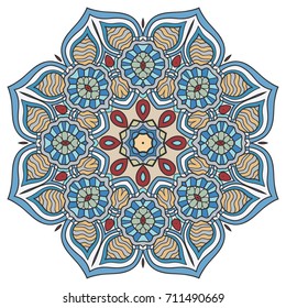 Mandala flower decoration, doodle round ornament, isolated design element on a white background. Vector geometric floral pattern. Tribal ethnic arabic, indian, turkish motif. Colorful abstract art