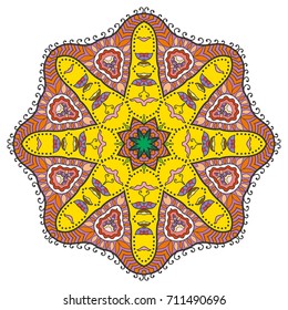 Mandala flower decoration, doodle round ornament, isolated design element on a white background. Vector geometric floral pattern. Tribal ethnic arabic, indian, turkish motif. Colorful abstract art